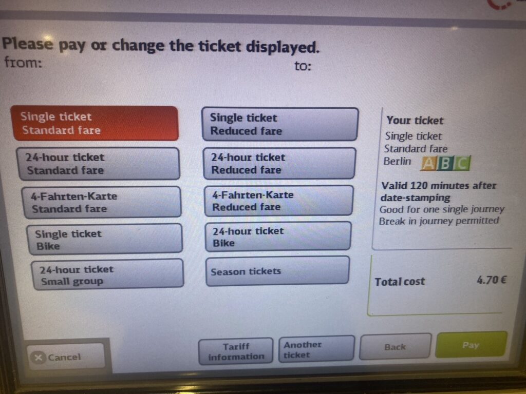 ベルリンの電車乗車券購入1回券
