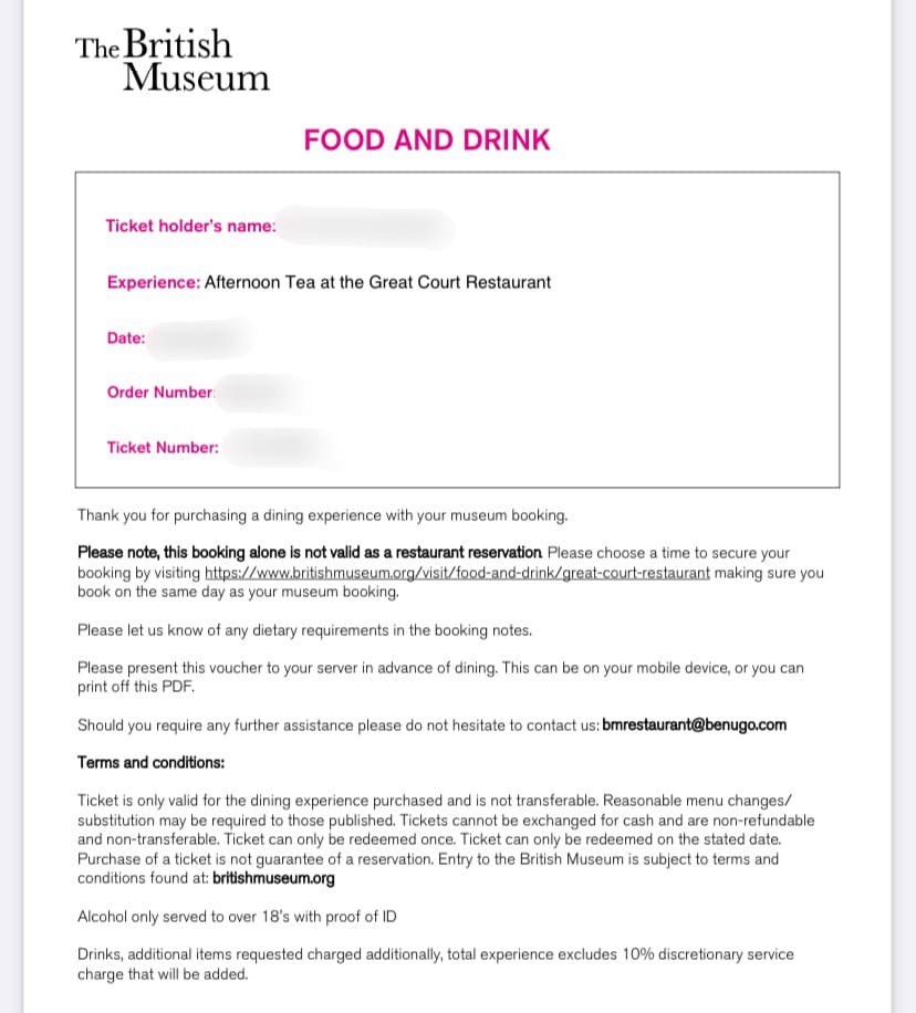 大英博物館グレート・コート・レストランのアフタヌーンティー予約確定メール