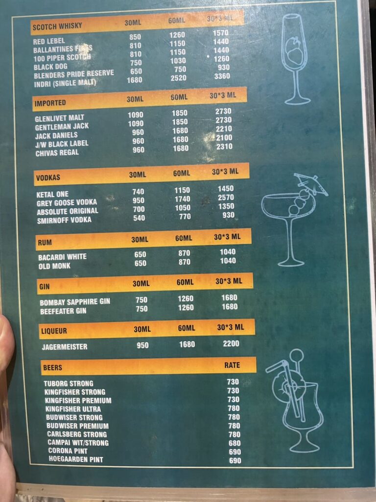 バラナシ空港のTake off Bar & Lounge
のメニュー